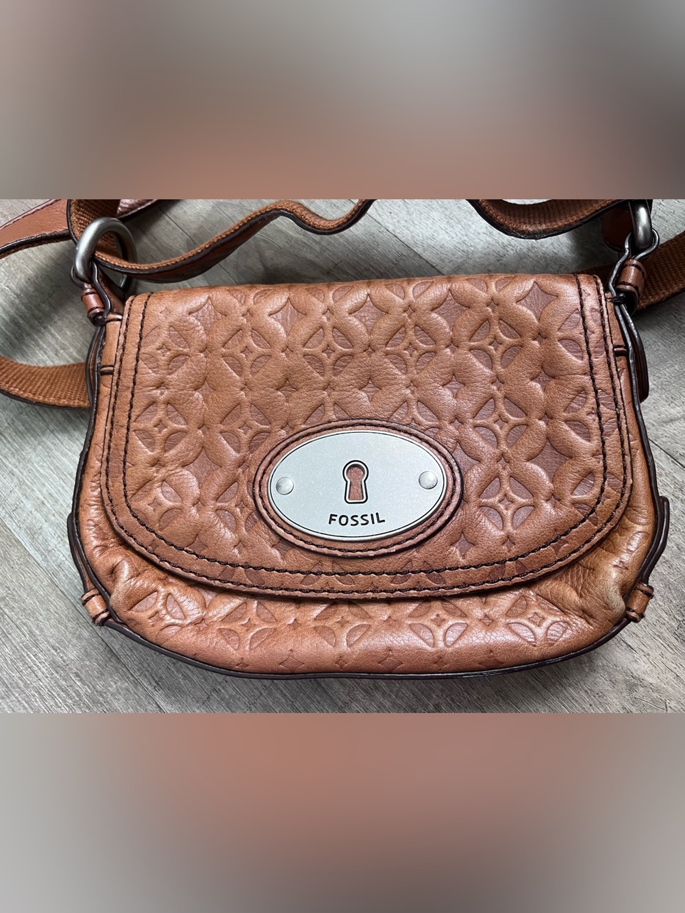 Fossil Tan Embossed Leather Crossbody with Keyhole Plaque